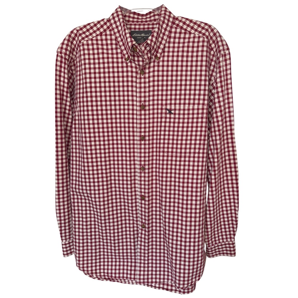 Eddie Bauer Men's Button Down Long Sleeve 100% Cotton Red‎ Check Oxford Shirt MD